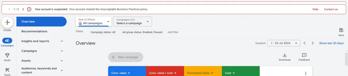 The red bar in Google Ads: Your account is suspended, your account violated the Unacceptable Business Practices policy