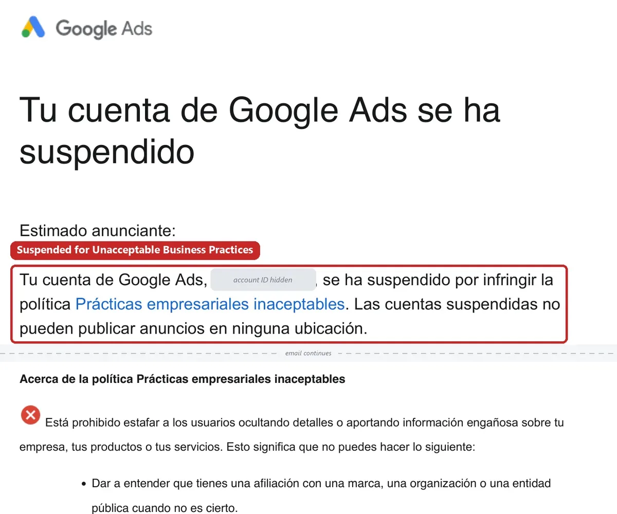 Google’s suspension email for Unacceptable Business Practices, in Spanish (“Tu cuenta de Google Ads se ha suspendido”), with the sentence naming the policy boxed in red and the account ID hidden