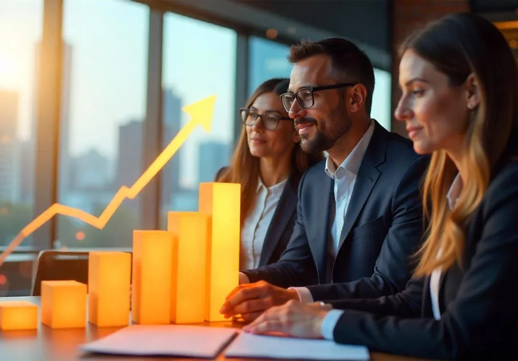 Three professionals in golden-hour light watching a glowing 3D bar-chart-and-arrow performance graphic