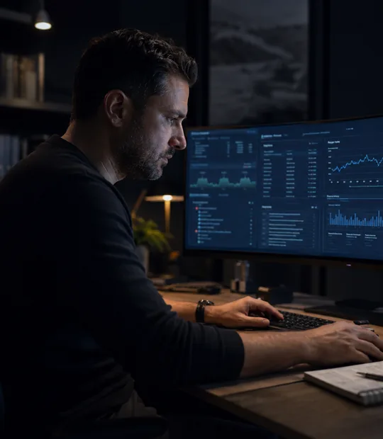 Advertiser Verification: a man at his desk checking account details on two large monitors