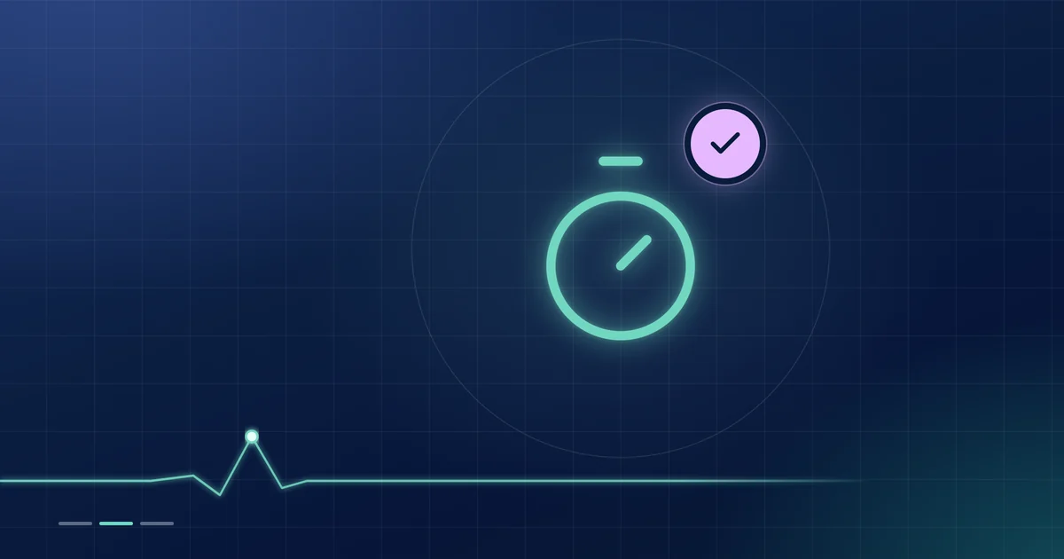 A mint stopwatch outline with a lilac tick badge on a dark navy ground.