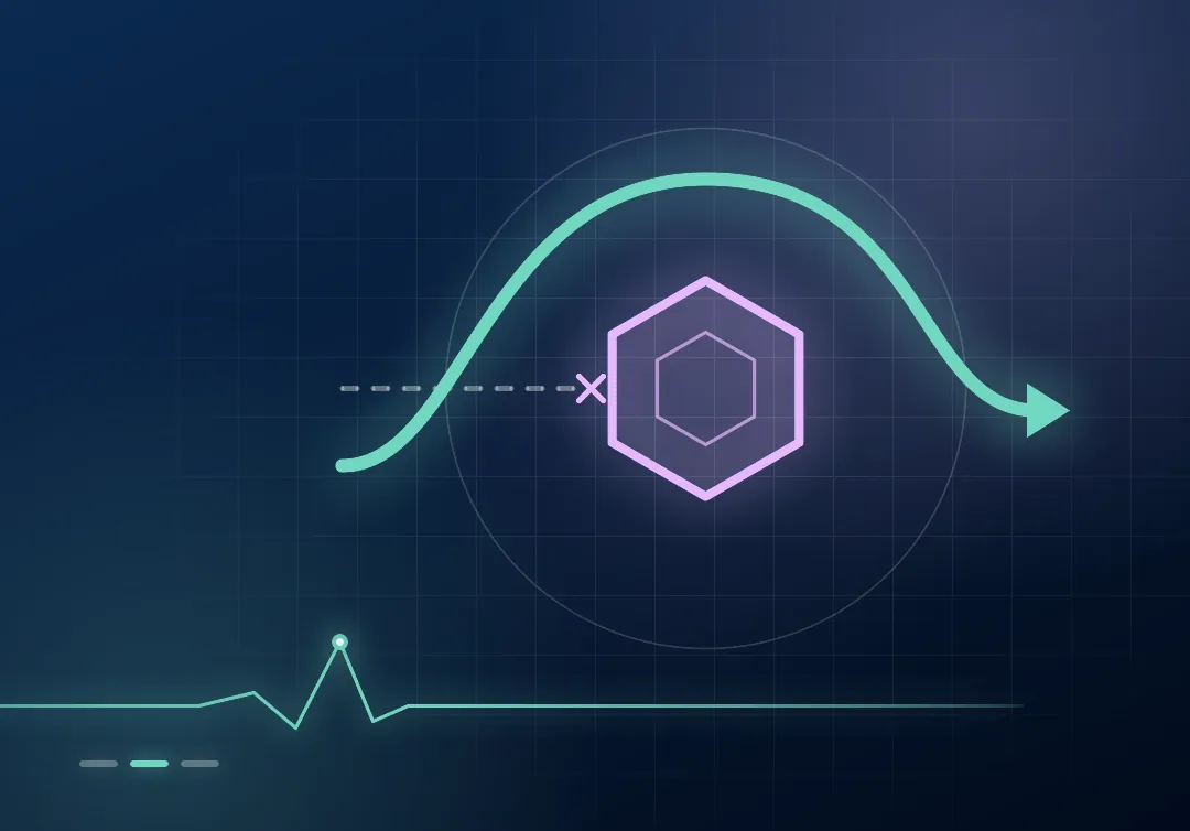 A mint arrow looping over a lilac hexagon that blocks a dashed straight path, inside a thin halo ring on a dark navy ground