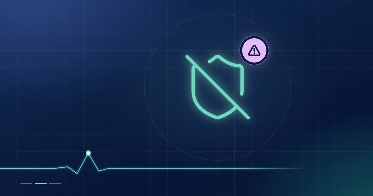A mint shield outline with a slash through it, beside a lilac warning badge, on a dark navy ground.