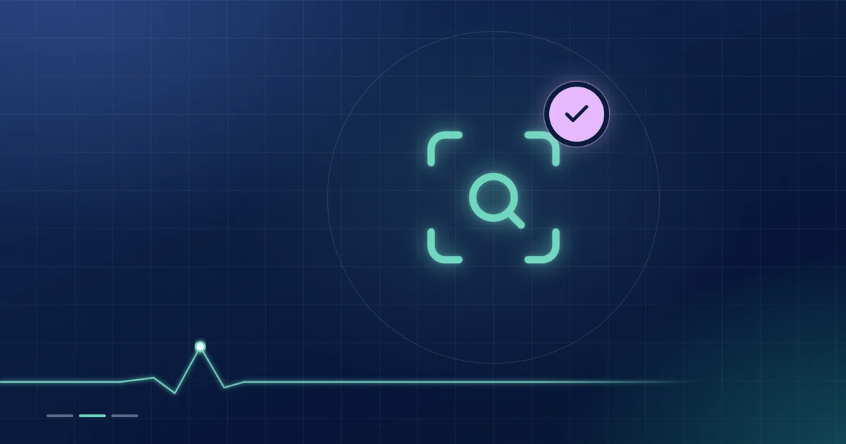 A mint magnifying-glass outline with a lilac tick badge on a dark navy ground.