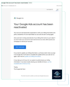 Google Ads notification that an account has been reactivated after billing information and policy compliance were verified