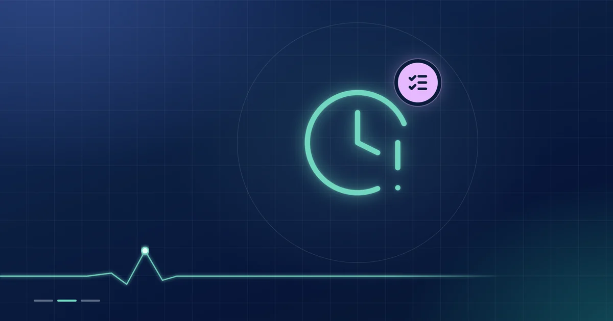A mint clock outline with an alert mark, beside a lilac checklist badge, on a dark navy ground.