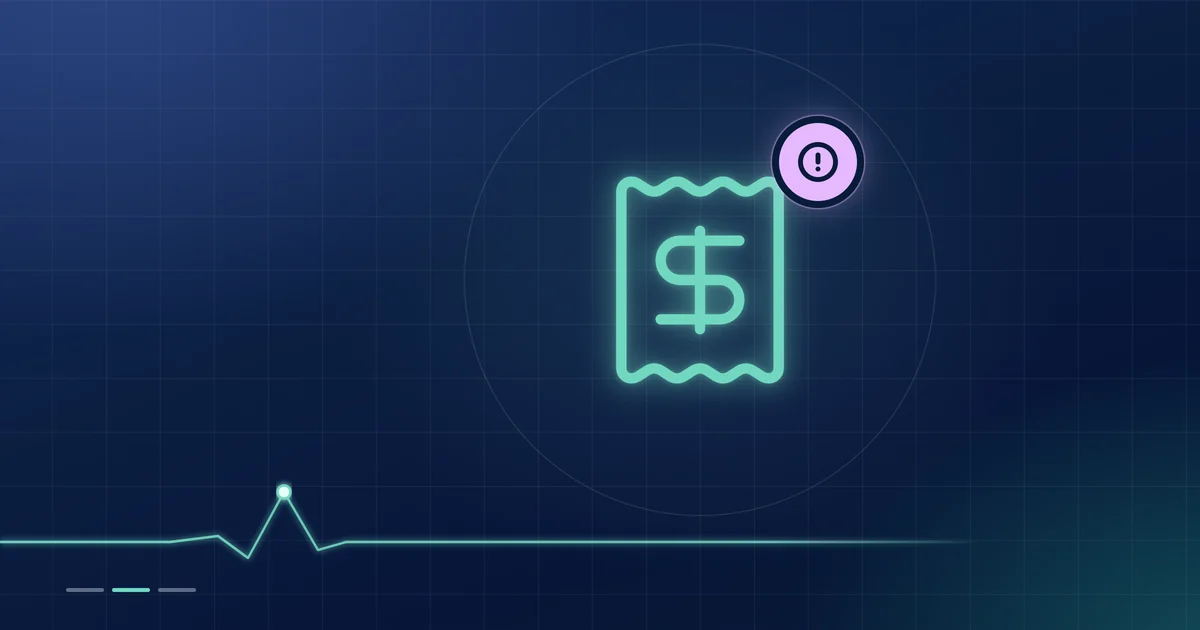 A mint receipt outline with a lilac alert badge on a dark navy ground.