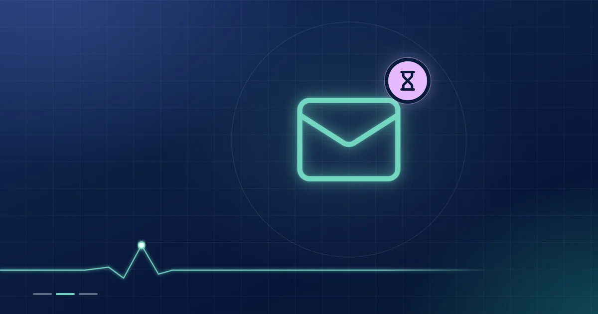 A mint envelope outline with a lilac hourglass badge on a dark navy ground.