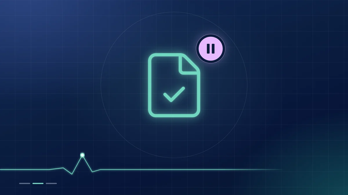 A mint document outline with a tick, beside a lilac pause badge, on a dark navy ground.