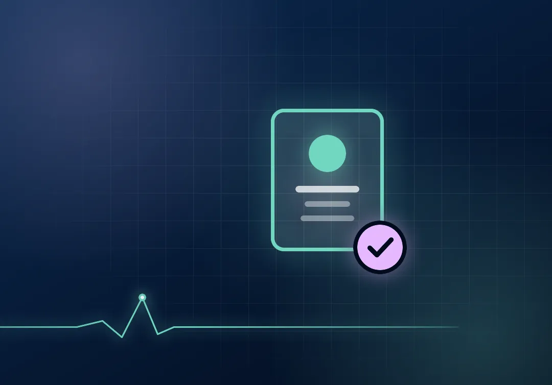 An identity card outline with a mint avatar, detail lines and a lilac verified badge, on a dark navy ground