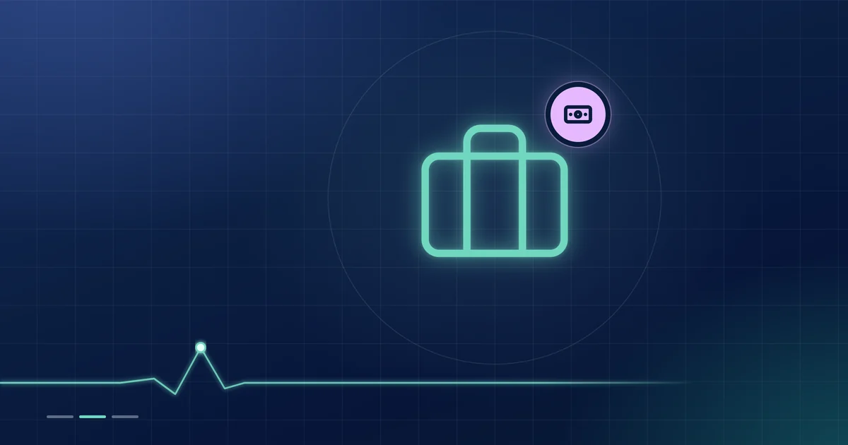 A mint briefcase outline with a lilac banknote badge on a dark navy ground.