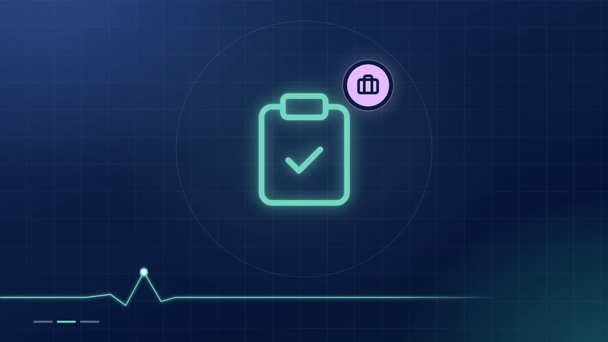 A mint clipboard outline with a tick and a lilac briefcase badge on a dark navy ground.