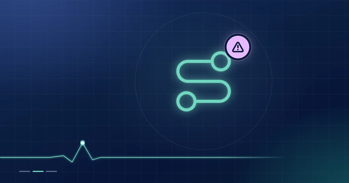 A mint route outline with a lilac warning badge on a dark navy ground.