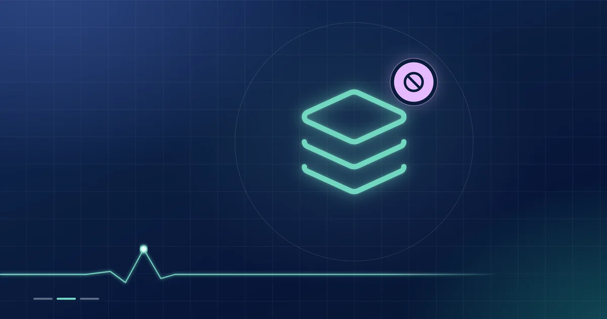 A mint stack-of-layers outline with a lilac no-entry badge on a dark navy ground.