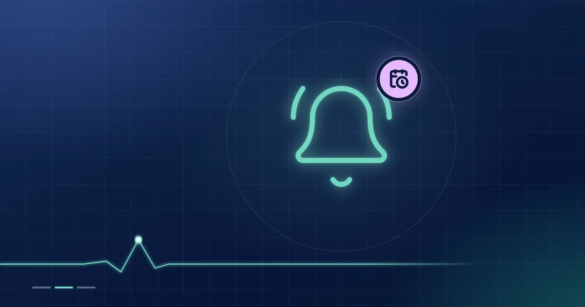 A mint bell outline with a lilac calendar badge on a dark navy ground.