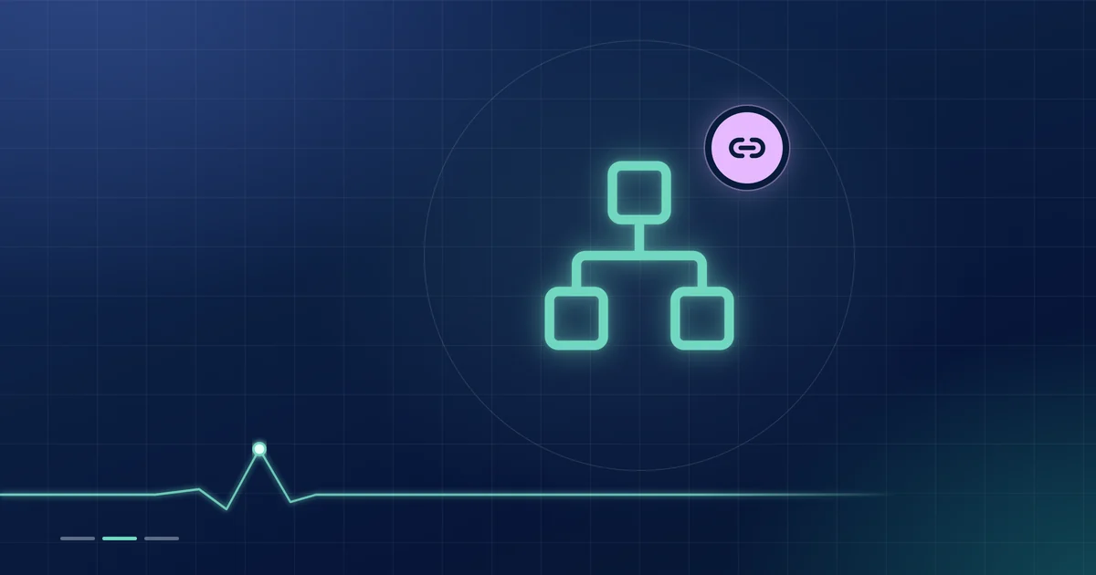 A mint network outline with a lilac link badge on a dark navy ground.