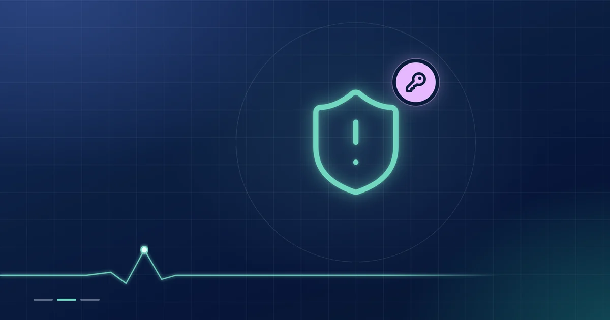 A mint shield outline with an alert mark and a lilac key badge on a dark navy ground.