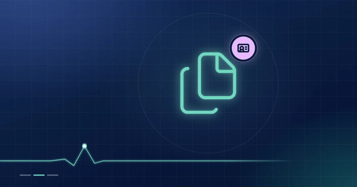 A mint stack-of-documents outline with a lilac ID card badge on a dark navy ground.