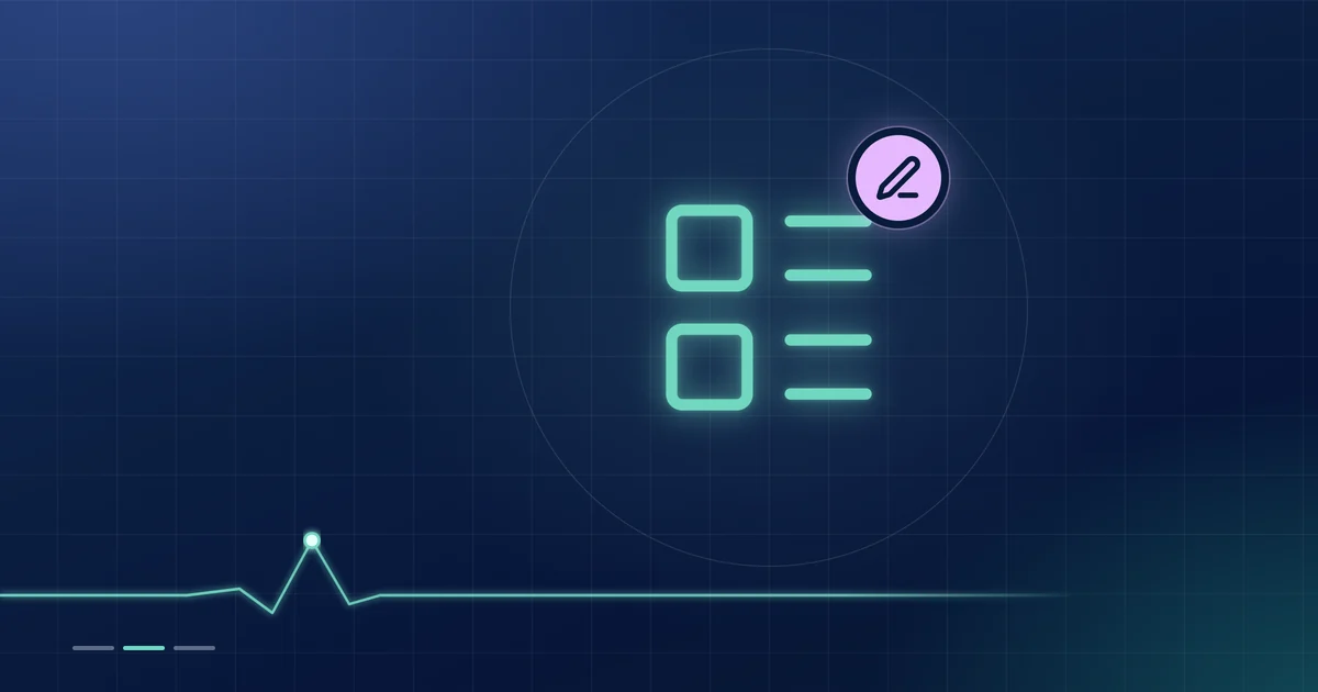 A mint outline of a form with list rows, beside a lilac pen badge, on a dark navy ground.