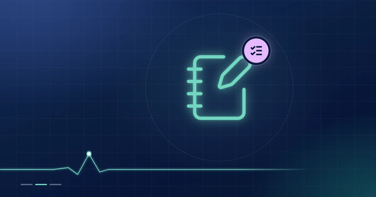 A mint notebook-and-pen outline with a lilac checklist badge on a dark navy ground.