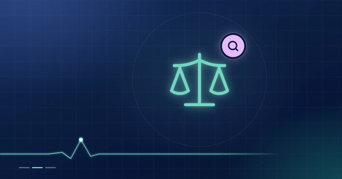 A mint balance-scales outline with a lilac magnifier badge on a dark navy ground.