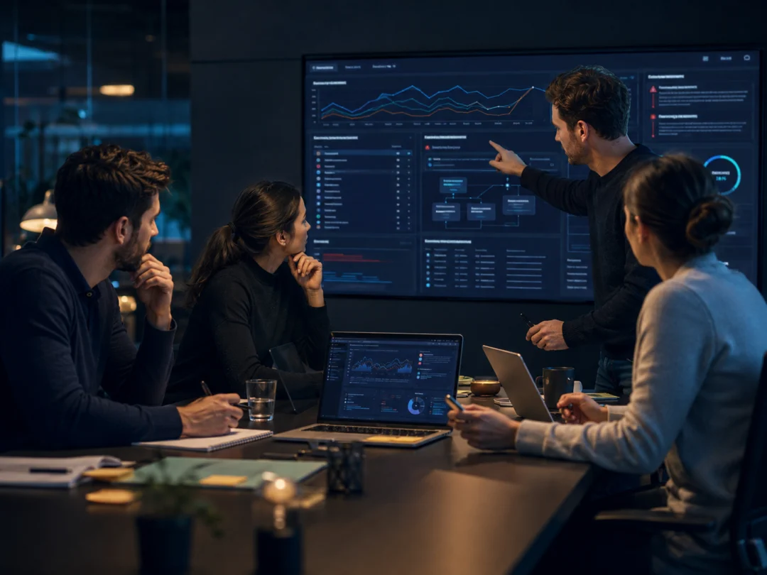 Consultation team reviewing advertising performance data in a meeting room