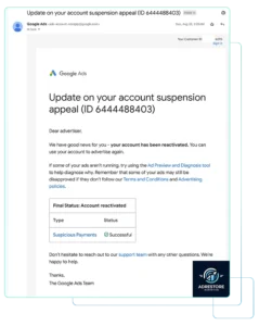 Google Ads email confirming an account reactivated after a Suspicious Payments suspension appeal, with final status shown