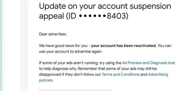 Google Ads email confirming an account reactivated after a Suspicious Payments suspension appeal, with final status shown
