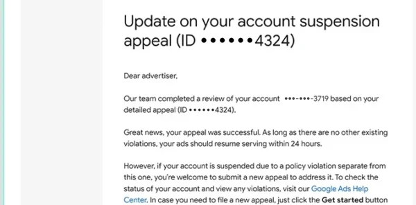 Google email: Suspicious Payments: appeal successful