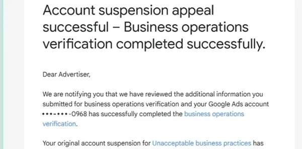 Google email: Unacceptable Business Practices: reinstated