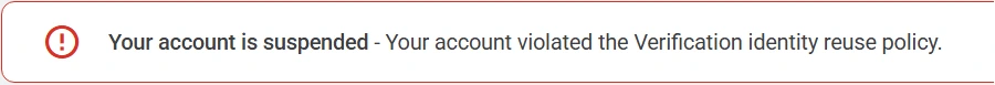 A Google Ads account's red banner reading "Your account is suspended - Your account violated the Verification identity reuse policy."