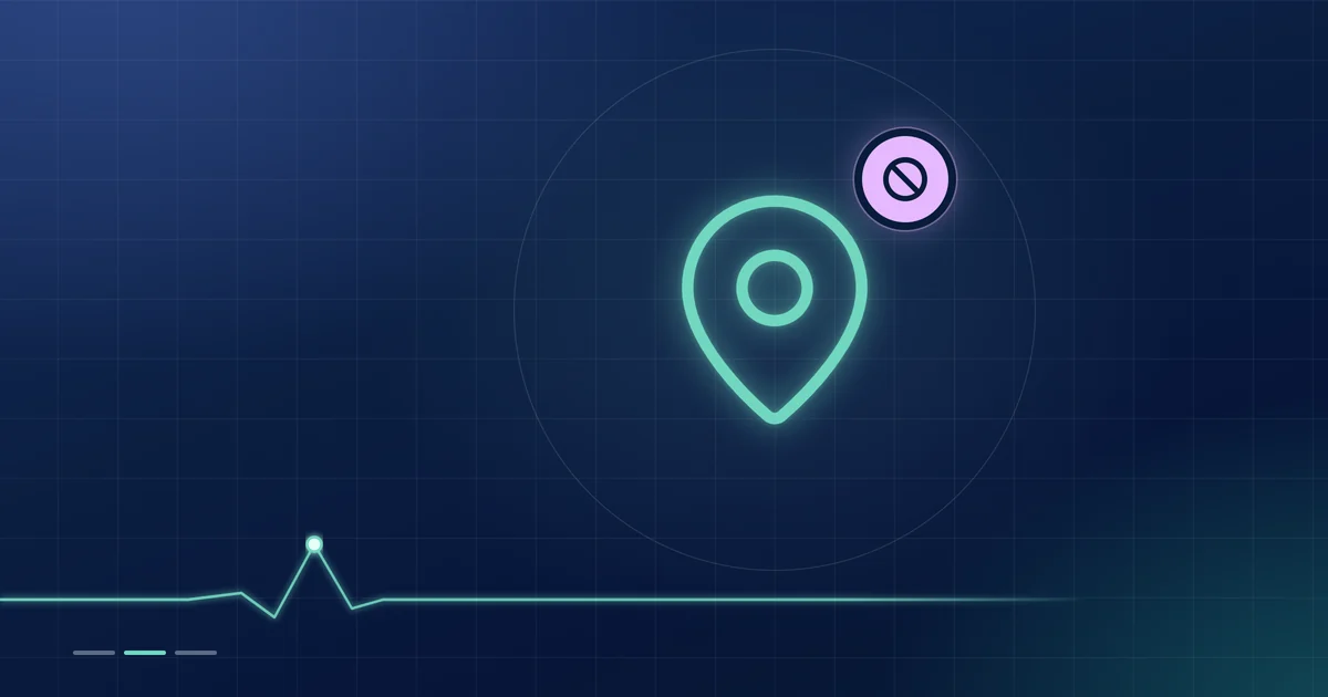 A mint map pin outline with a lilac no-entry badge on a dark navy ground.