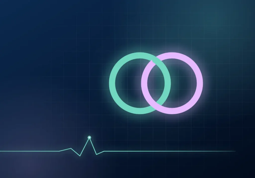 Two interlocked rings, mint and lilac, on a dark navy ground, representing a Google Ads account linked to a Merchant Center account