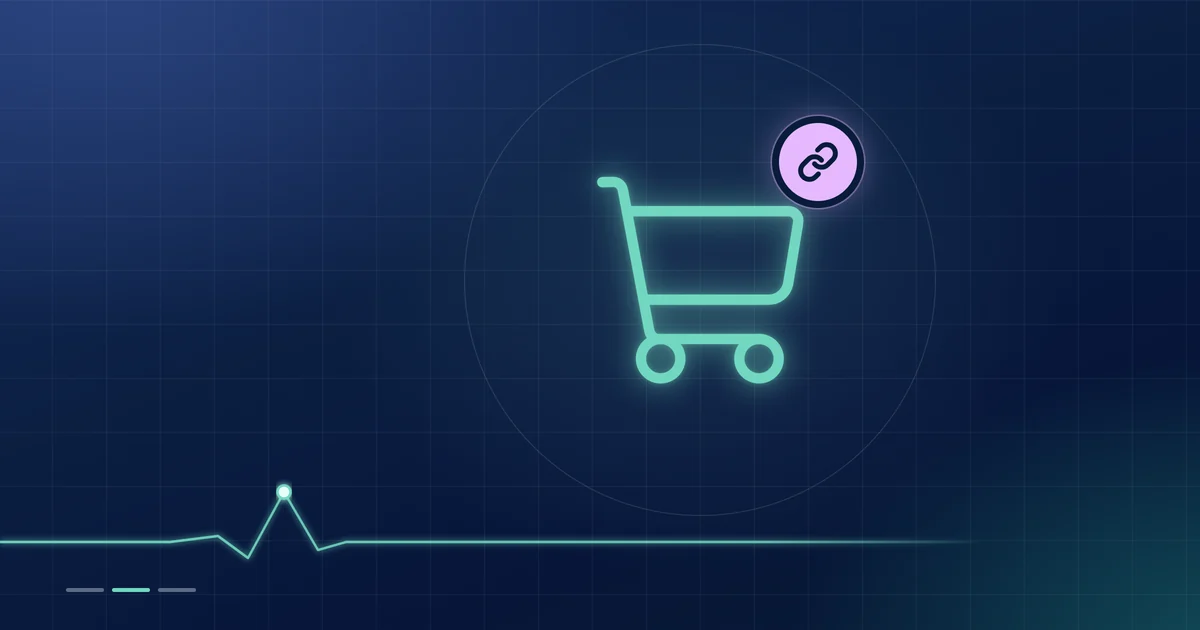 A mint shopping-cart outline with a lilac chain-link badge on a dark navy ground.