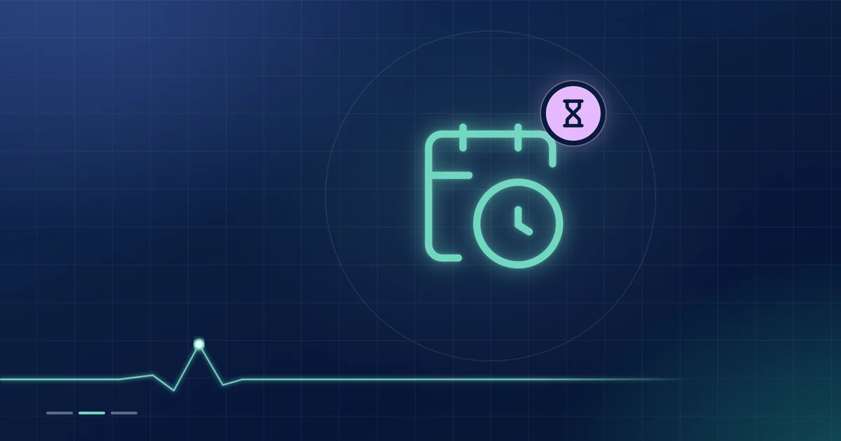 A mint calendar outline with a clock, beside a lilac hourglass badge, on a dark navy ground.