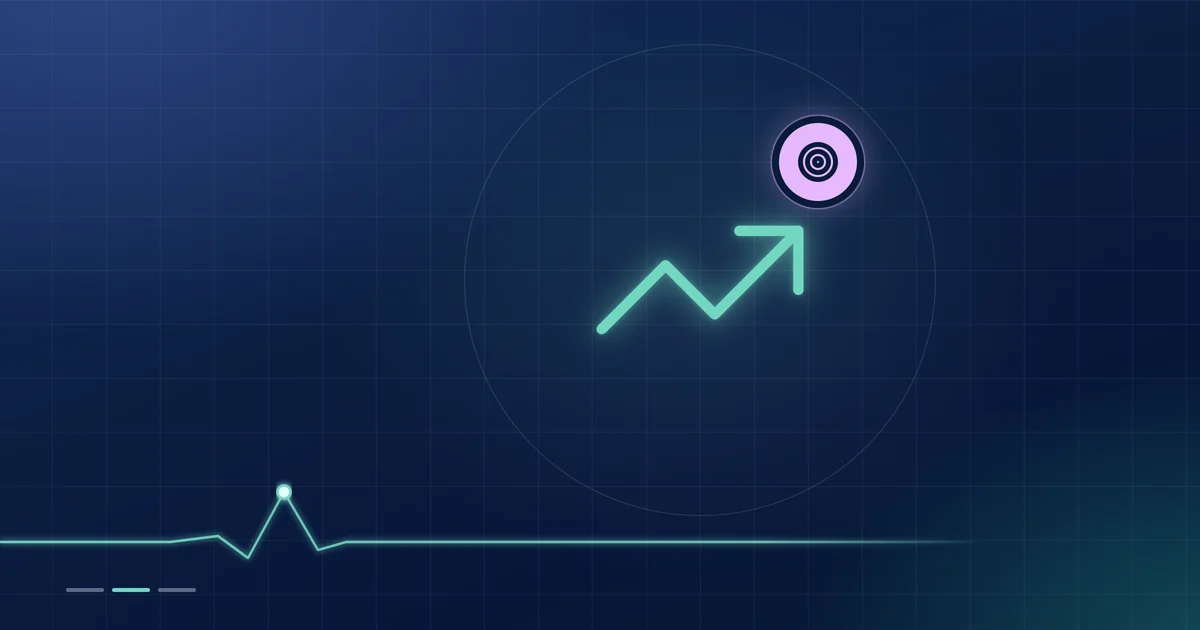 A mint rising-chart outline with a lilac target badge on a dark navy ground.