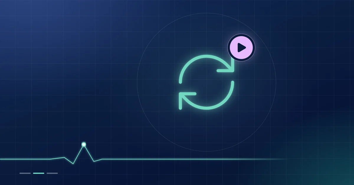 A mint circular-arrows outline with a lilac play badge on a dark navy ground.