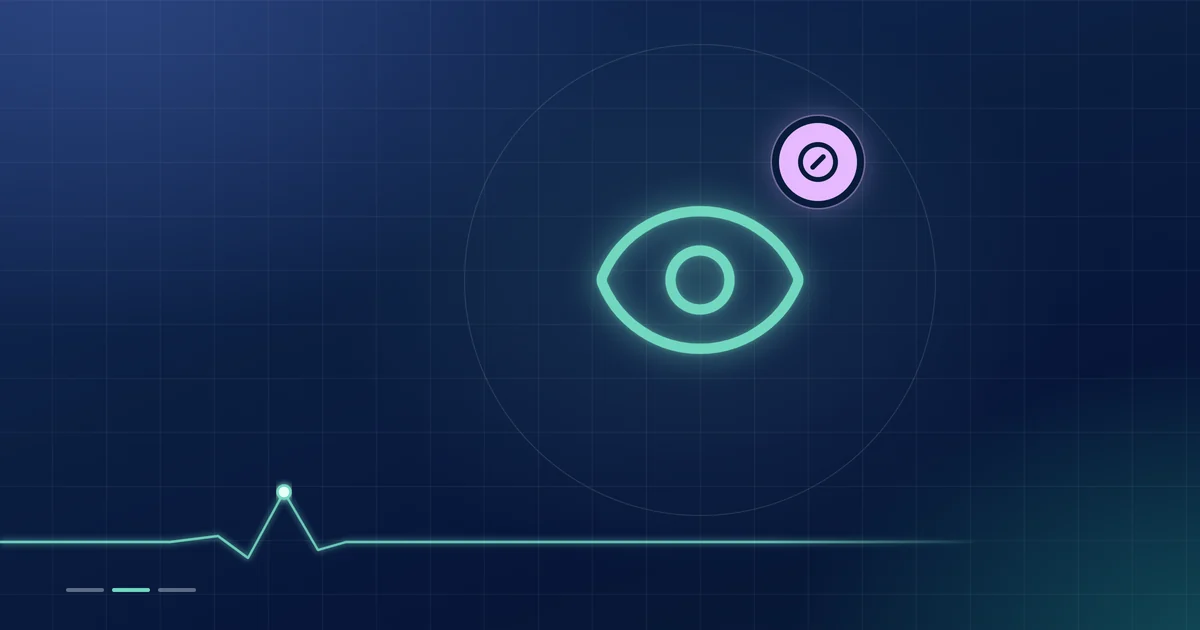 A mint eye outline with a lilac no-entry badge on a dark navy ground.