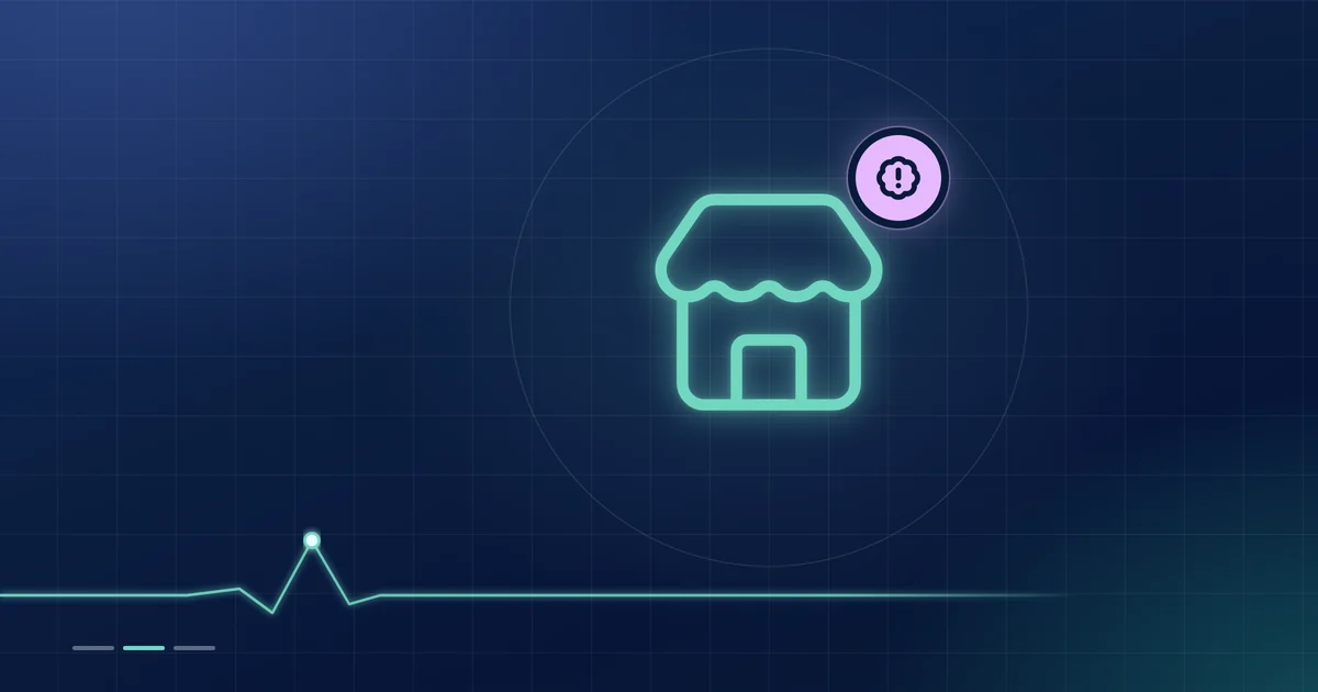 A mint shopfront outline with a lilac alert badge on a dark navy ground.