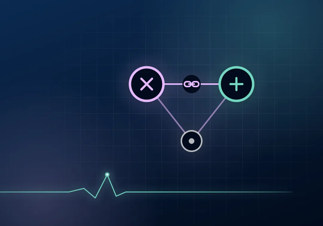 Three connected account nodes, one crossed out in lilac and one new in mint, joined by a link symbol, on a dark navy ground