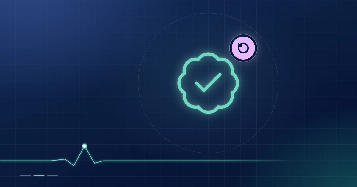 A mint verified-badge outline with a lilac reset-arrow badge on a dark navy ground.