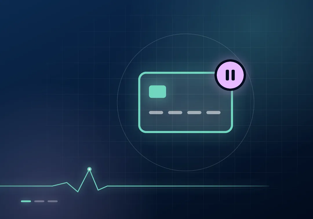Outline of a payment card with a lilac pause badge, inside a thin halo ring on a dark navy ground