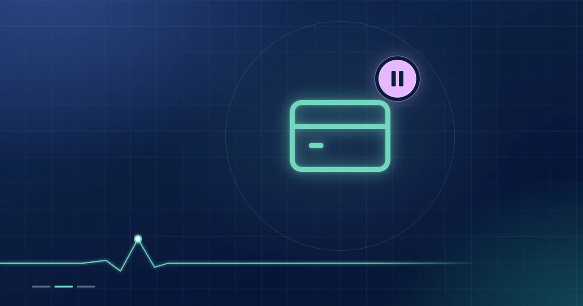 A mint payment-card outline with a lilac pause badge on a dark navy ground.