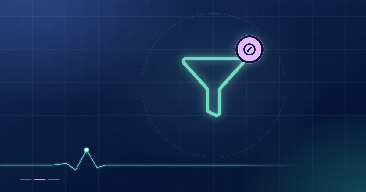 A mint funnel outline with a lilac no-entry badge on a dark navy ground.