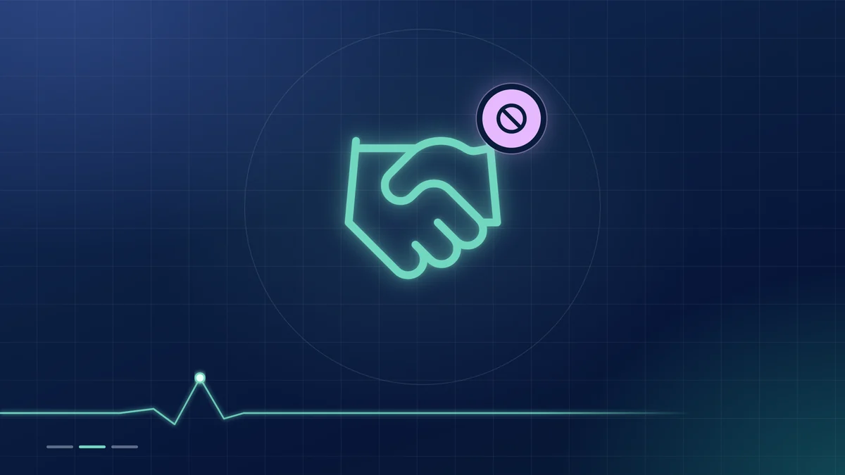 A mint handshake outline with a lilac no-entry badge on a dark navy ground.