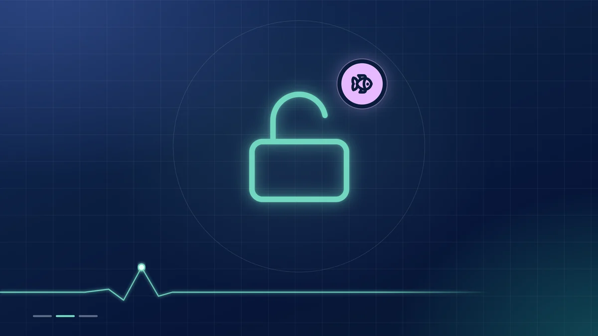 A mint open-padlock outline with a lilac fish badge on a dark navy ground.