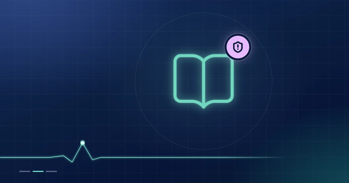 A mint open-book outline with a lilac shield badge on a dark navy ground.