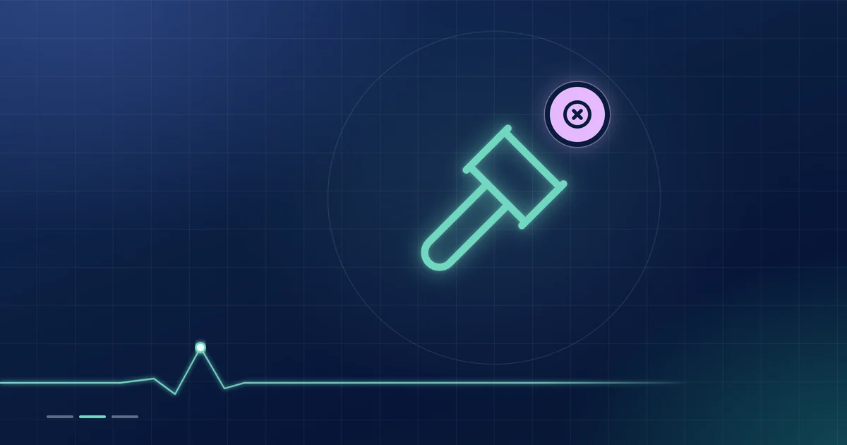 A mint gavel outline with a lilac cross badge on a dark navy ground.