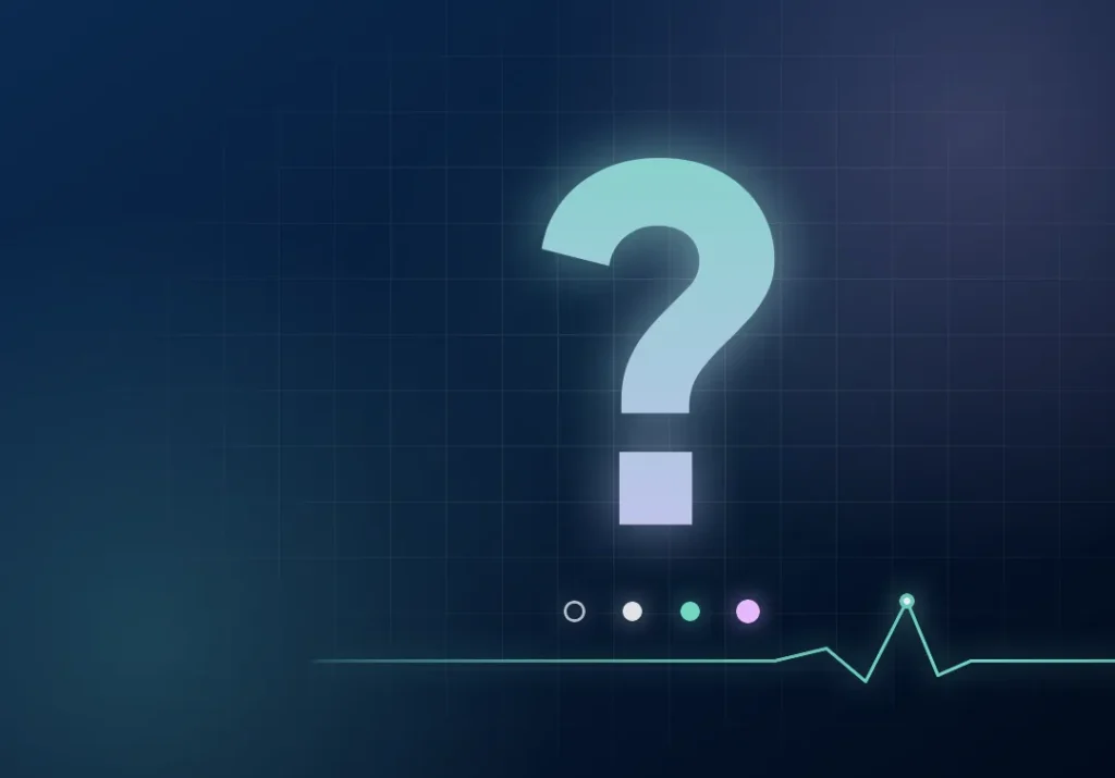 A large mint-to-lilac question mark above four status dots, on a dark navy ground