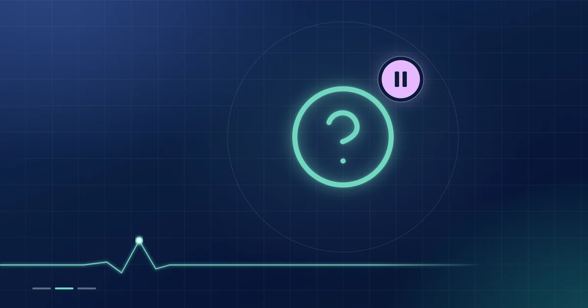 A mint question-mark circle with a lilac pause badge on a dark navy ground.